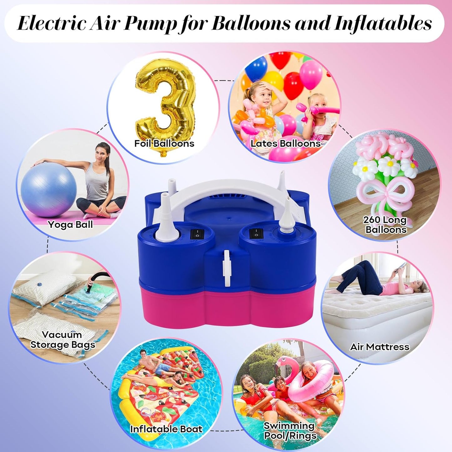 Portable Electric Balloon Pump with Dual Nozzle for Inflatables - 3-in-1 Air Blower for Latex and Foil Balloons, Pool Floats, Air Mattress - 110V Inflator Deflator