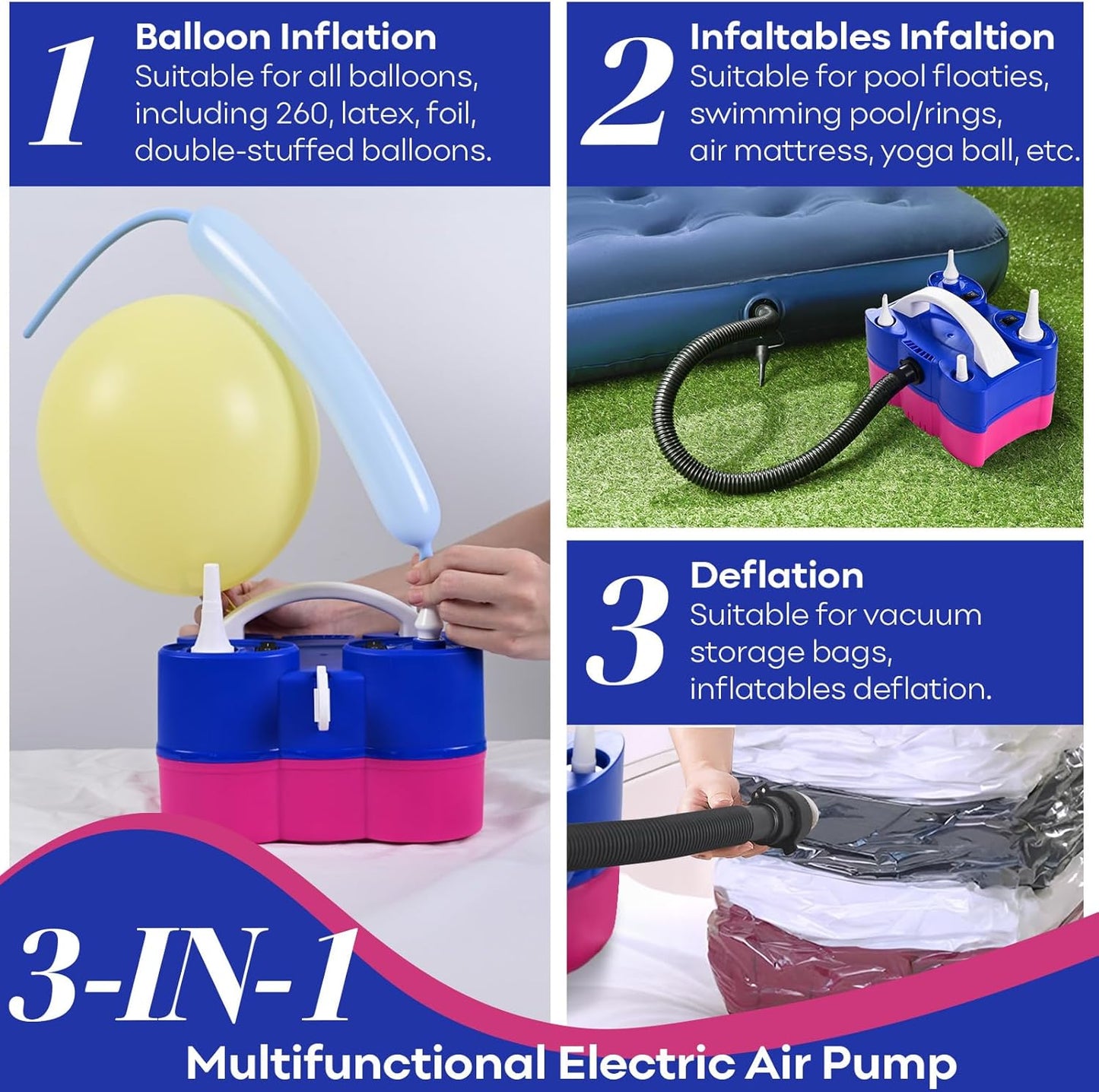 Portable Electric Balloon Pump with Dual Nozzle for Inflatables - 3-in-1 Air Blower for Latex and Foil Balloons, Pool Floats, Air Mattress - 110V Inflator Deflator