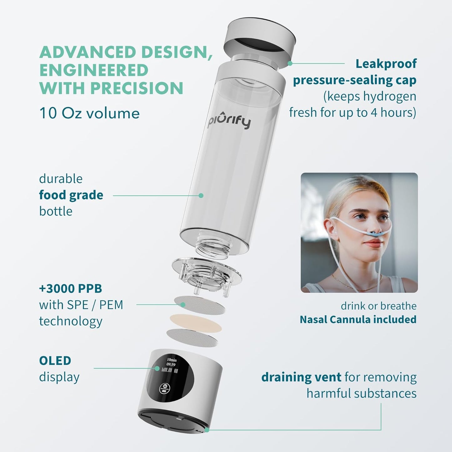 Portable Hydrogen Water Bottle Generator - Up to 4100+ PPB Concentration - Certified SPE/PEM Technology - Athletic Performance & Hydration - 6-Hour Hydrogen Retention - Silver