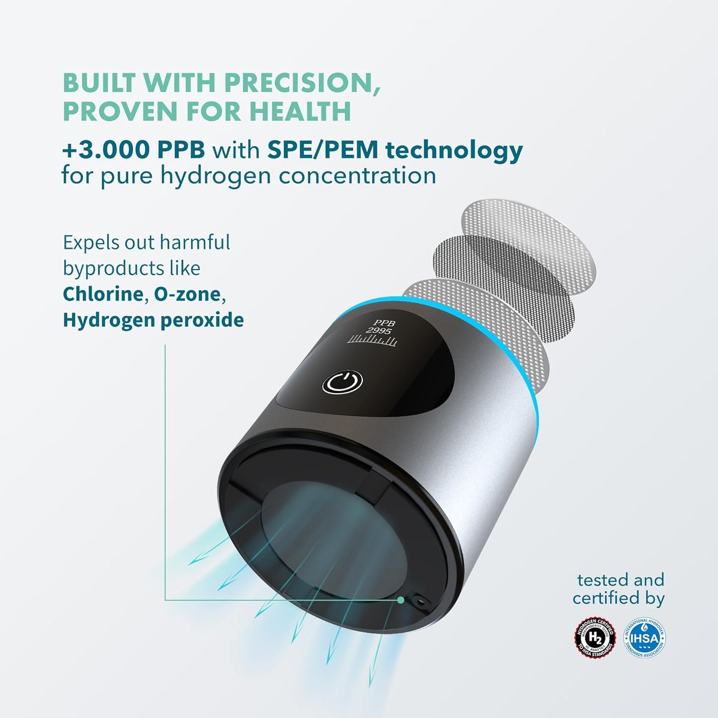 Portable Hydrogen Water Bottle Generator - Up to 4100+ PPB Concentration - Certified SPE/PEM Technology - Athletic Performance & Hydration - 6-Hour Hydrogen Retention - Silver