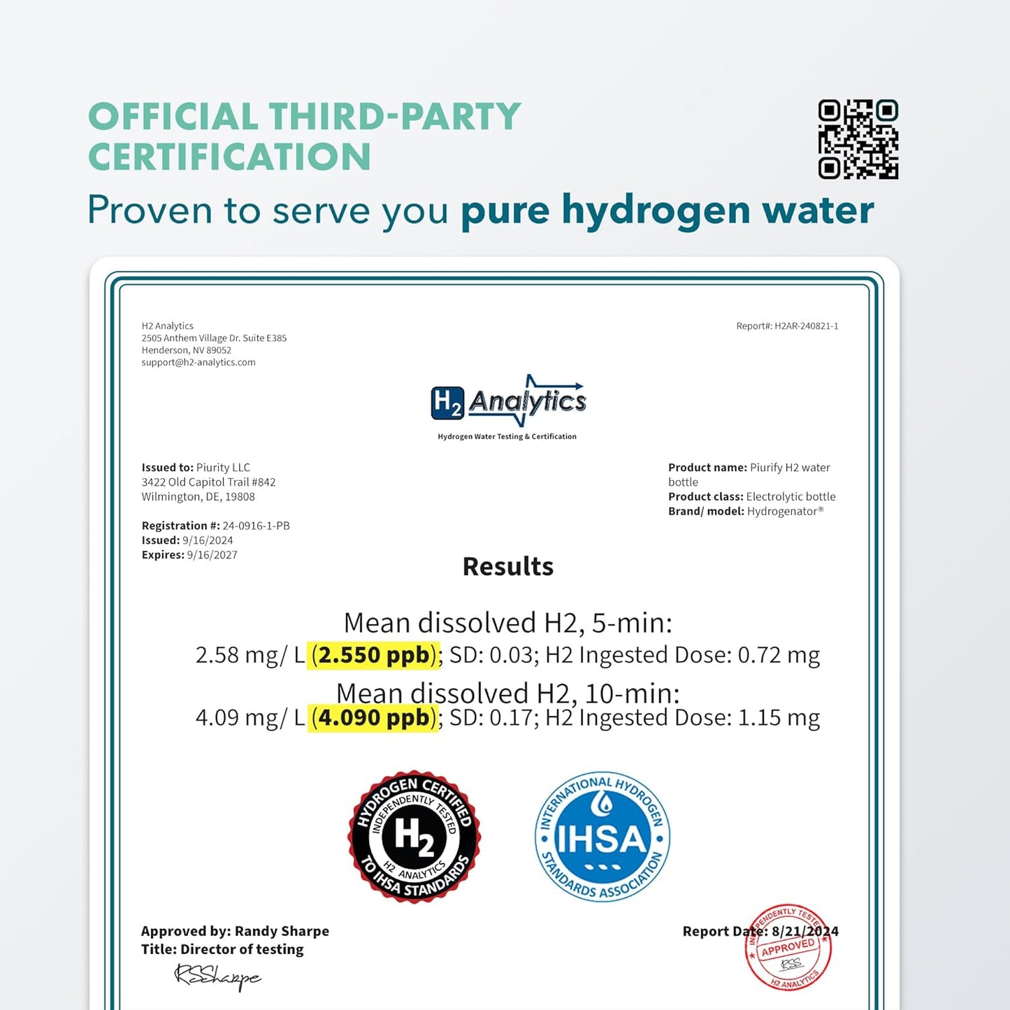 Portable Hydrogen Water Bottle Generator - Up to 4100+ PPB Concentration - Certified SPE/PEM Technology - Athletic Performance & Hydration - 6-Hour Hydrogen Retention - Silver