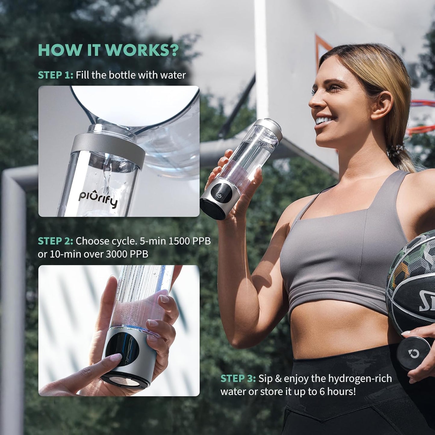 Portable Hydrogen Water Bottle Generator - Up to 4100+ PPB Concentration - Certified SPE/PEM Technology - Athletic Performance & Hydration - 6-Hour Hydrogen Retention - Silver