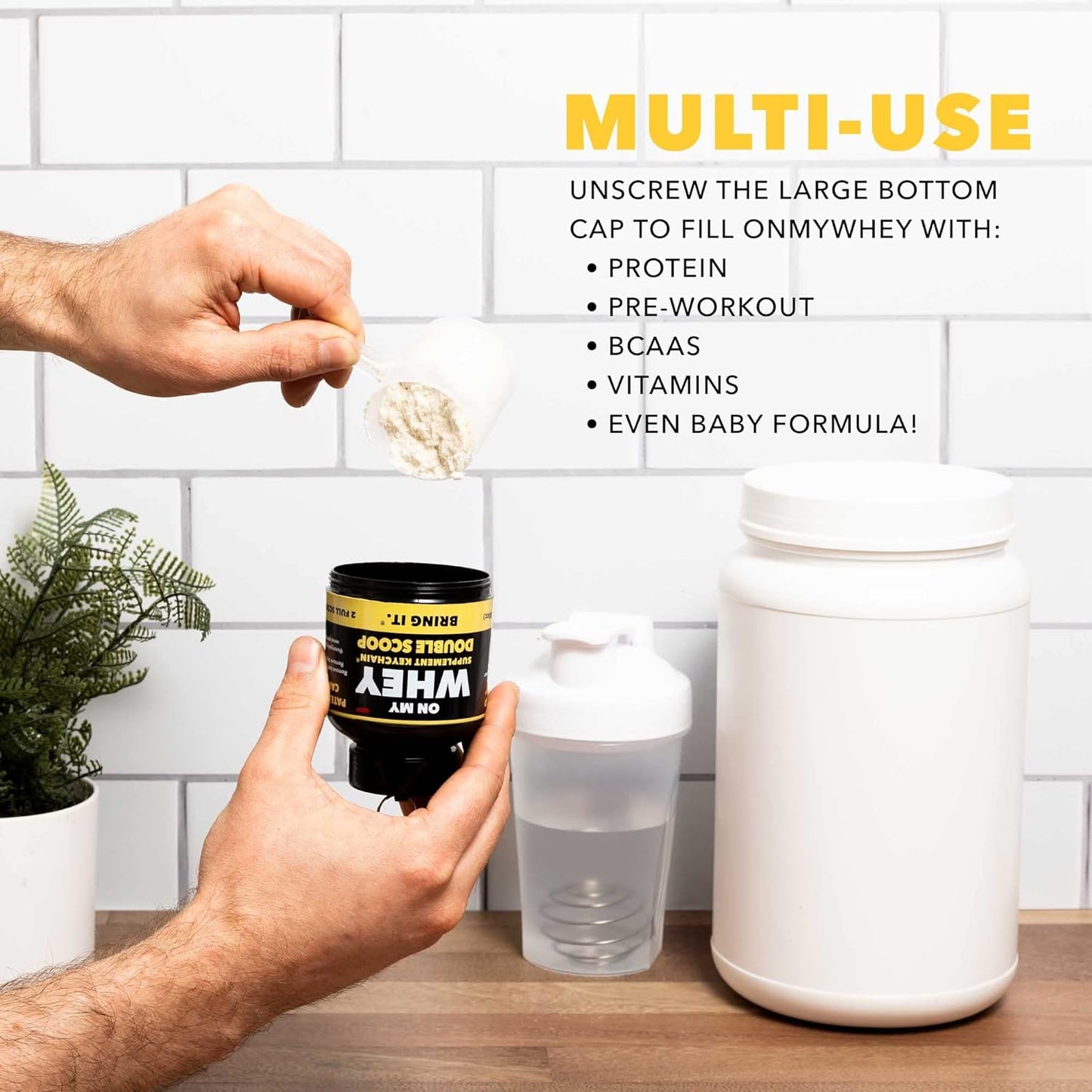 Portable Protein Powder Container with Funnel for Travel and On-the-Go Supplements - Mini Preworkout Holder Keychain Bottle for Dispensing and Mixing