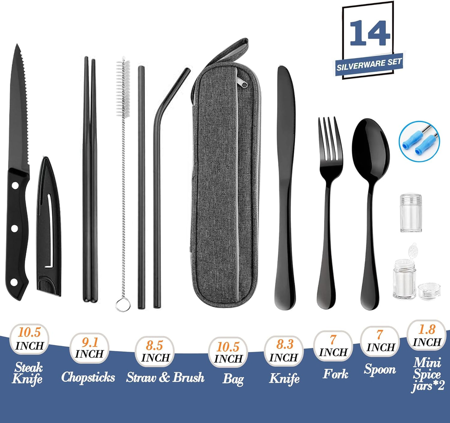 Portable Reusable Travel Utensils Set with Case - Stainless Steel Camping Cutlery, Chopsticks, Straw - Flatware Set for On-the-Go - Black