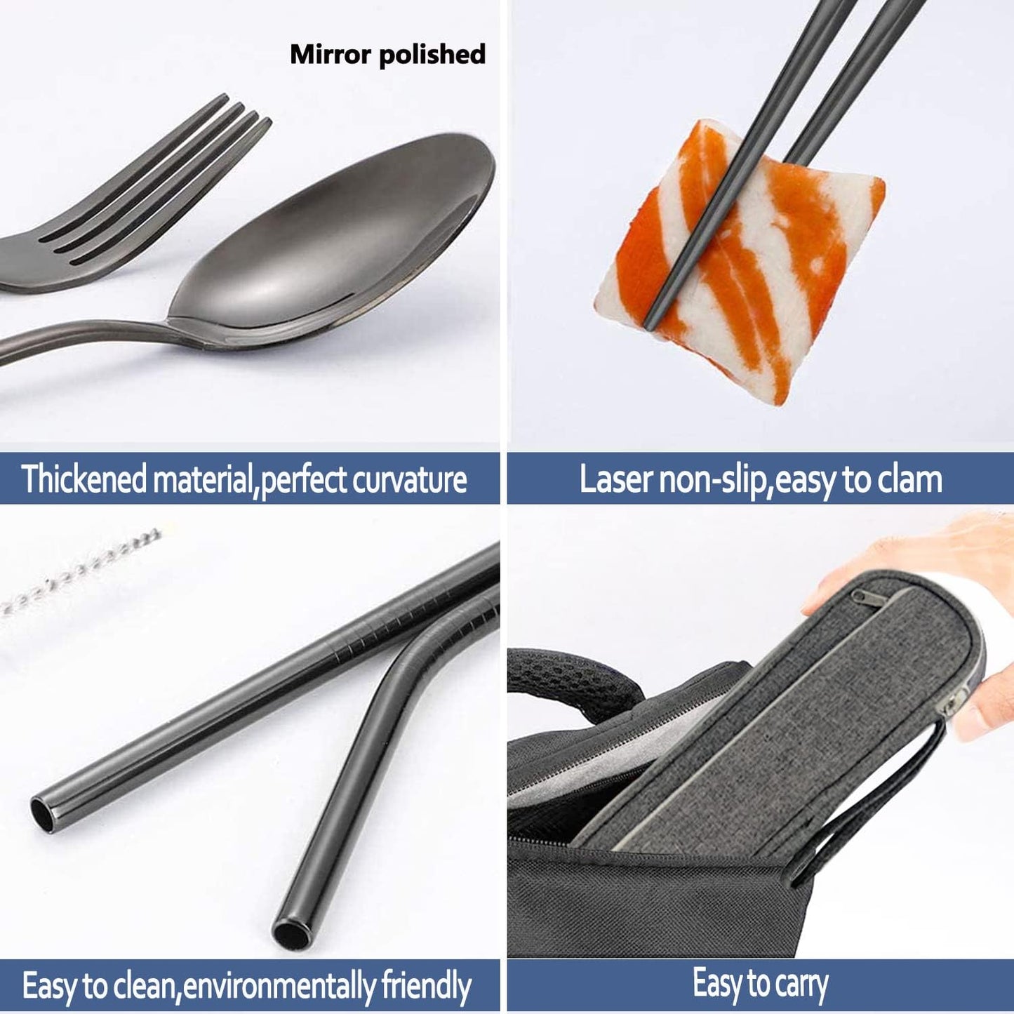 Portable Reusable Travel Utensils Set with Case - Stainless Steel Camping Cutlery, Chopsticks, Straw - Flatware Set for On-the-Go - Black