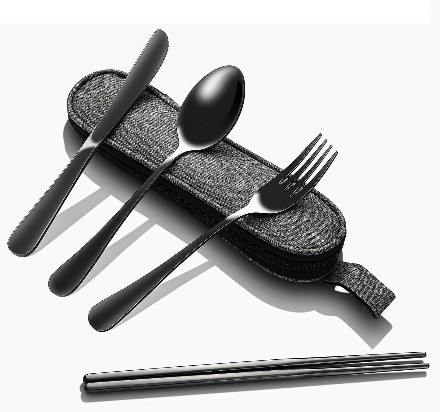 Portable Stainless Steel Flatware Set with Case - 5-Piece Travel Silverware Including Knife, Fork, Spoon, Chopsticks - Reusable Utensils for Lunch, Camping - Lightweight and Easy to Clean - Black