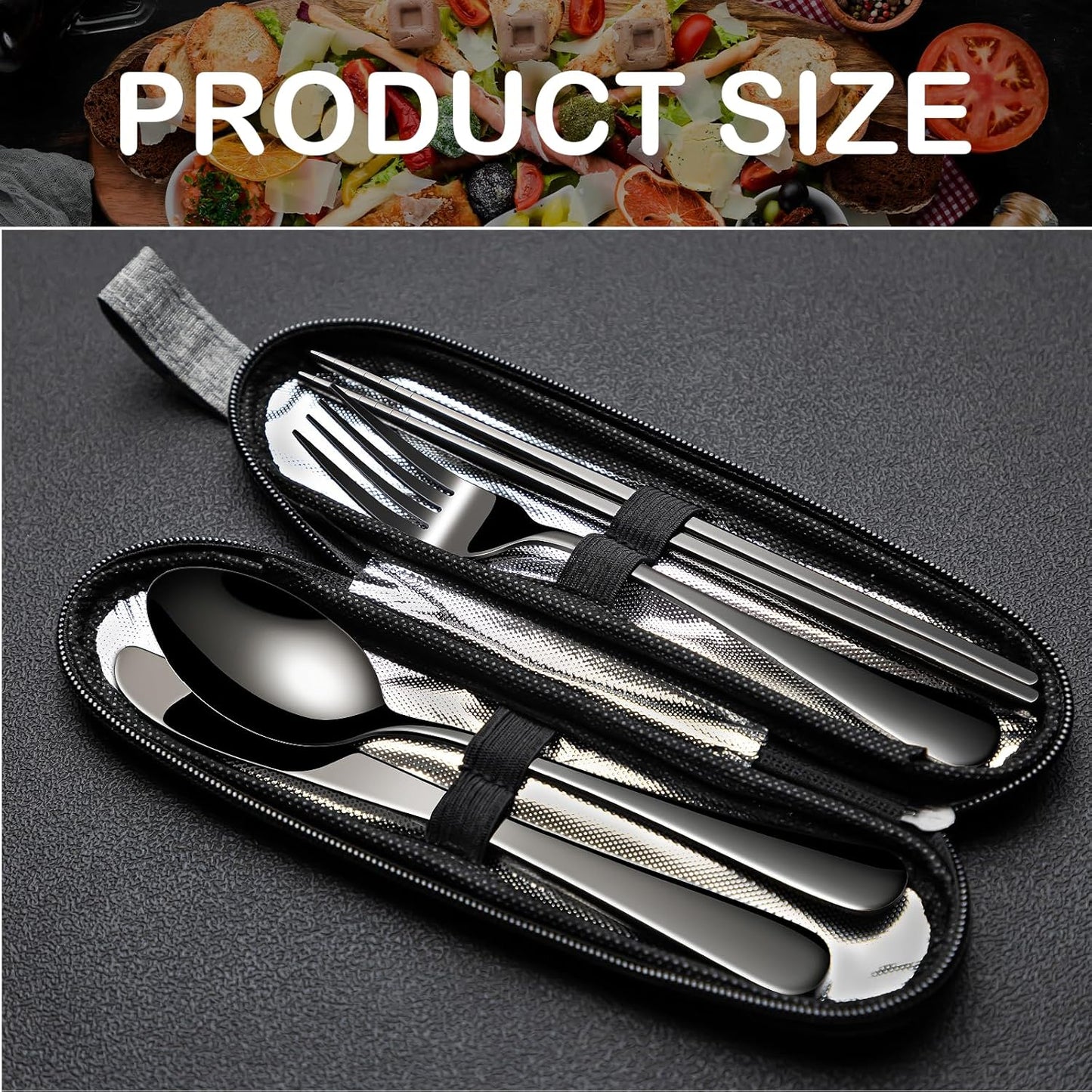 Portable Stainless Steel Flatware Set with Case - 5-Piece Travel Silverware Including Knife, Fork, Spoon, Chopsticks - Reusable Utensils for Lunch, Camping - Lightweight and Easy to Clean - Black