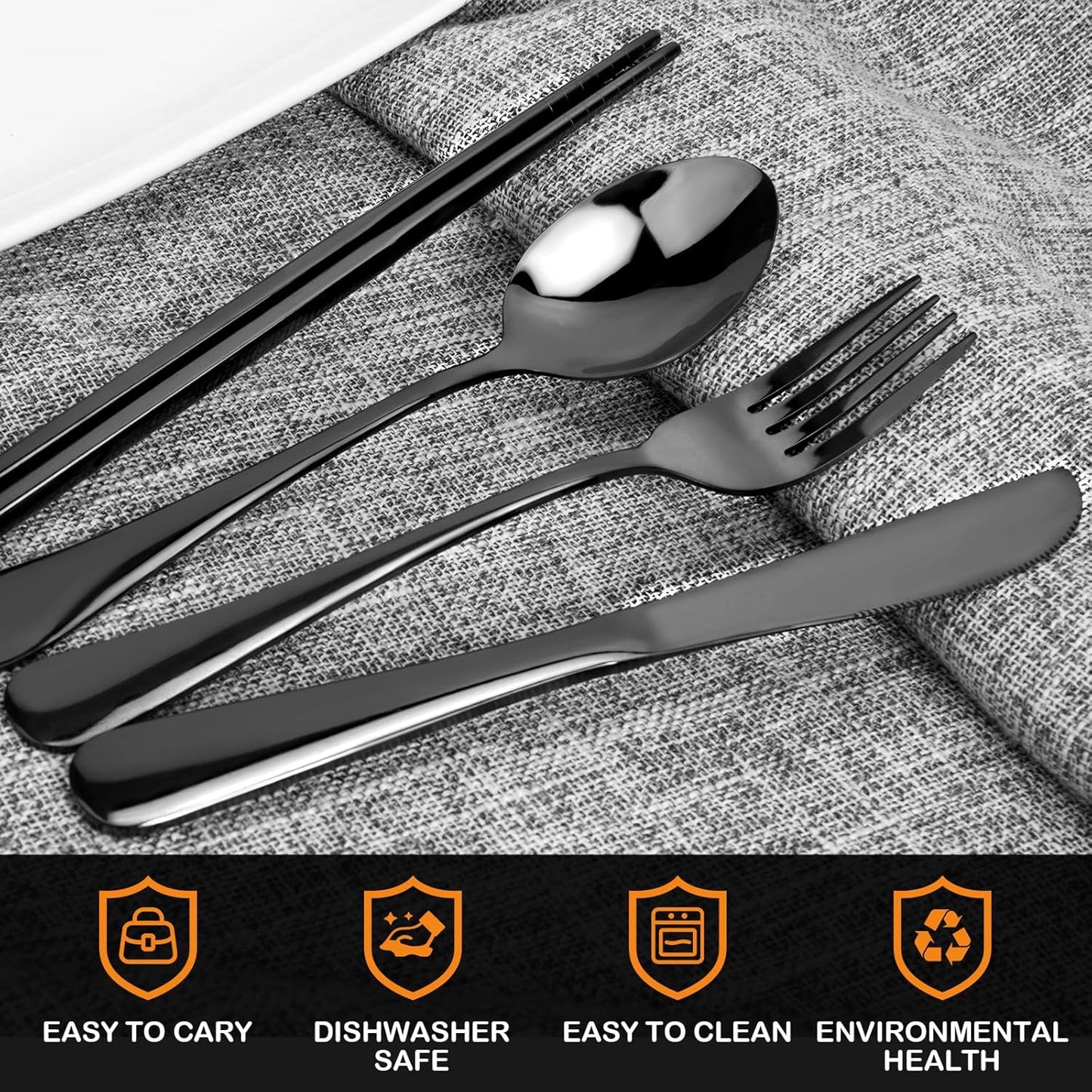 Portable Stainless Steel Flatware Set with Case - 5-Piece Travel Silverware Including Knife, Fork, Spoon, Chopsticks - Reusable Utensils for Lunch, Camping - Lightweight and Easy to Clean - Black