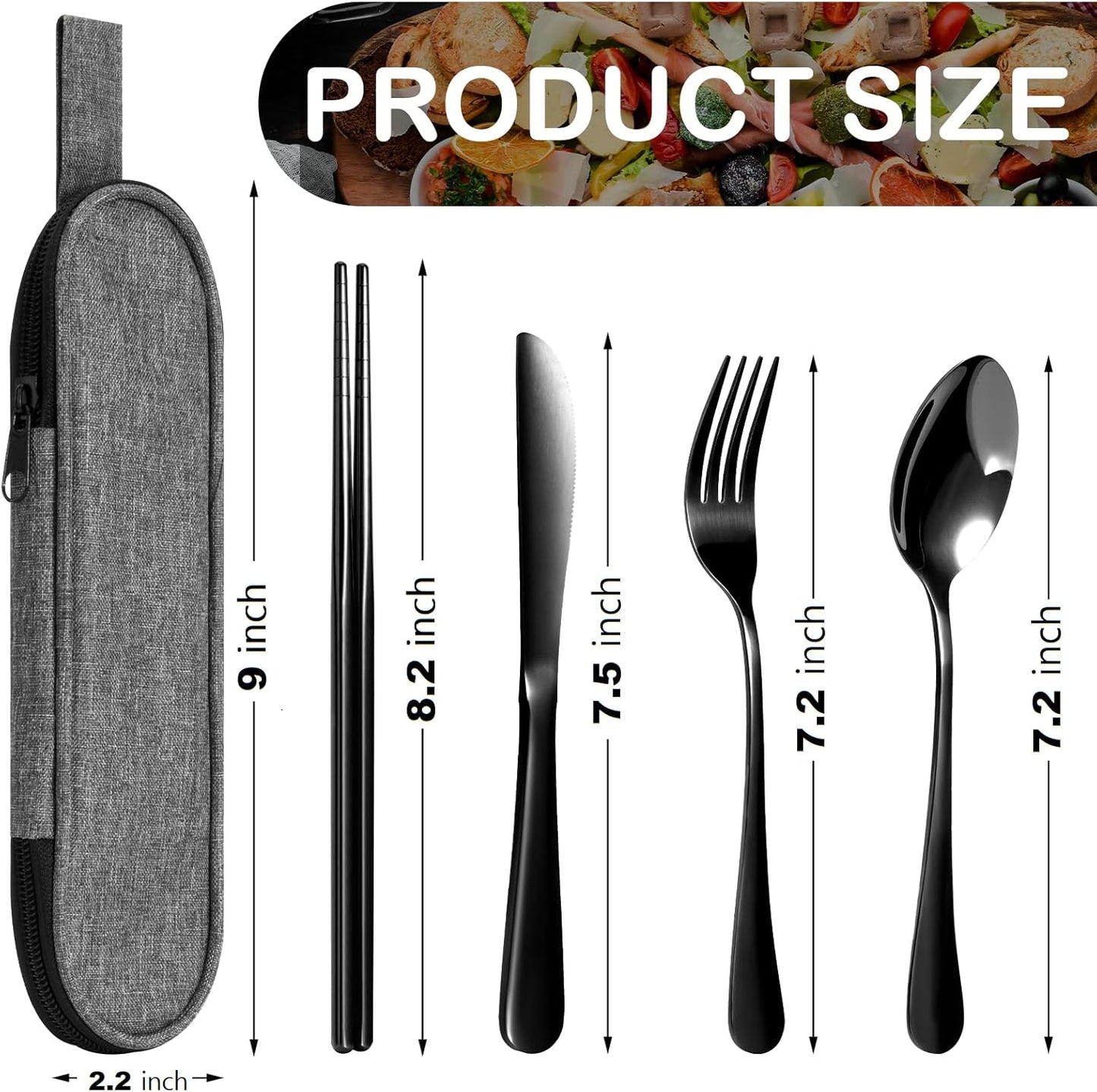 Portable Stainless Steel Flatware Set with Case - 5-Piece Travel Silverware Including Knife, Fork, Spoon, Chopsticks - Reusable Utensils for Lunch, Camping - Lightweight and Easy to Clean - Black