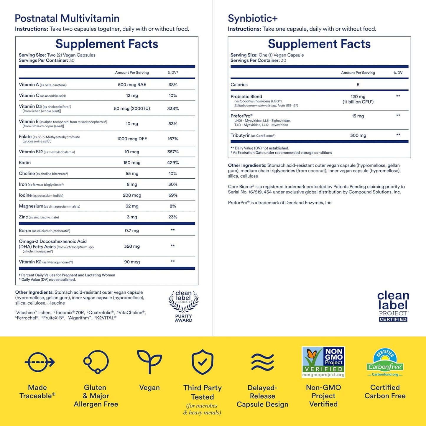 Postnatal Multivitamin and Gut Duo Supplements: 3-in-1 Support for Lactation and Gut Health, 30 Day Supply