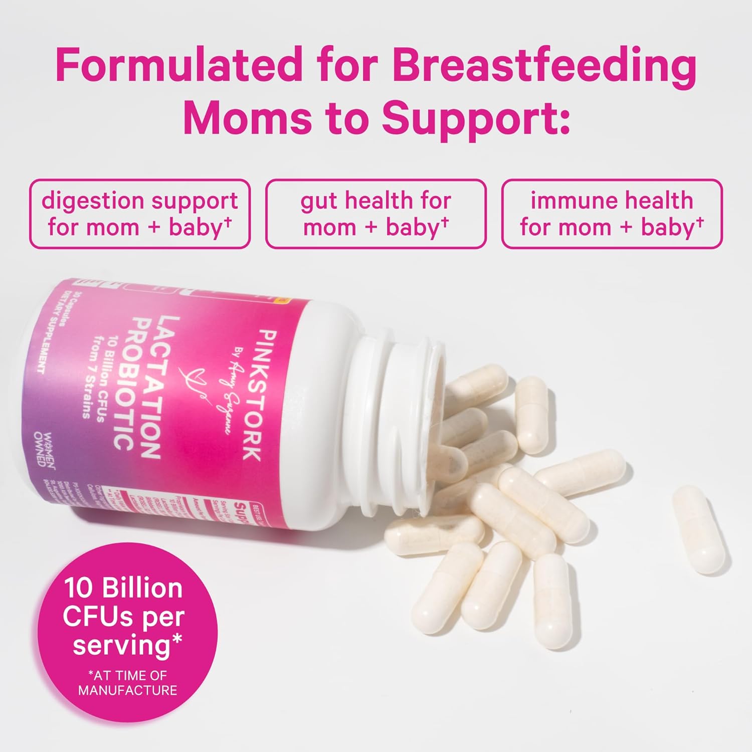 Postnatal Probiotics for Breastfeeding Women - Pink Stork Lactation Probiotic with 10 Billion CFUs, Supports Breast Milk & Gut Health, Postpartum Essentials - 60 Capsules