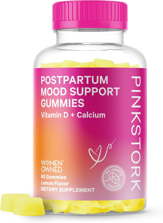 Postpartum Mood Support Vitamin D Gummies for Hormone Balance - Postnatal Vitamin D3, Calcium, Essentials for Breastfeeding - 60 Lemon Drop Gummies