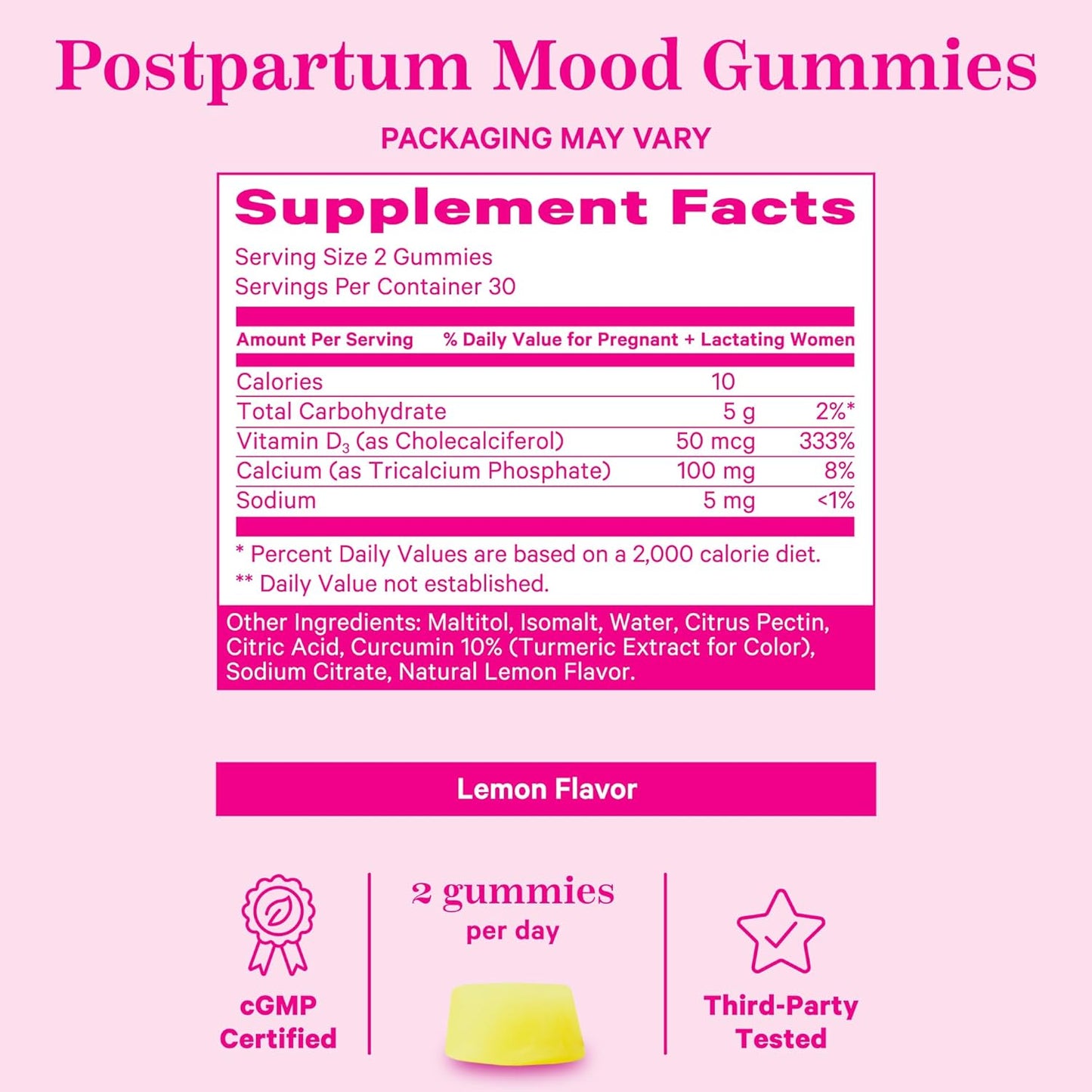 Postpartum Mood Support Vitamin D Gummies for Hormone Balance - Postnatal Vitamin D3, Calcium, Essentials for Breastfeeding - 60 Lemon Drop Gummies
