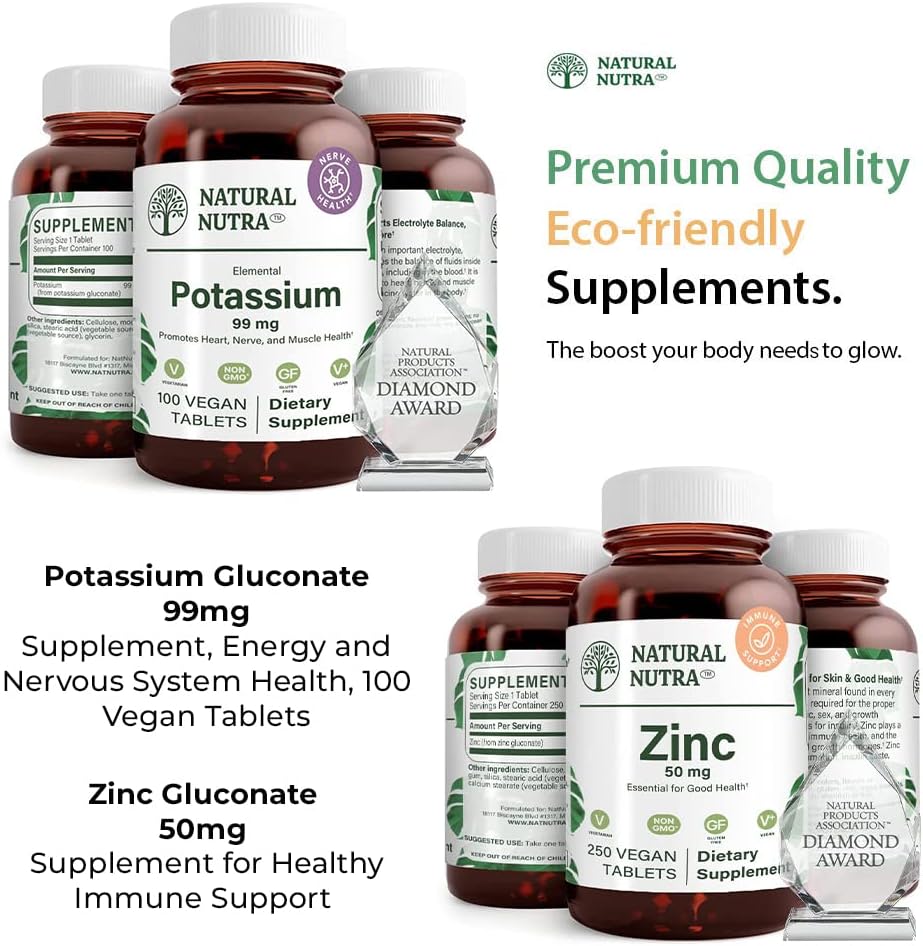 Potassium and Zinc Gluconate Supplements for Immunity and Energy Support, Gluten-Free Essential Health Formula