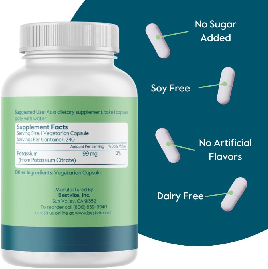 Potassium Citrate Supplement 99mg - 240 Vegan Capsules - No Stearates - Gluten Free - Non GMO