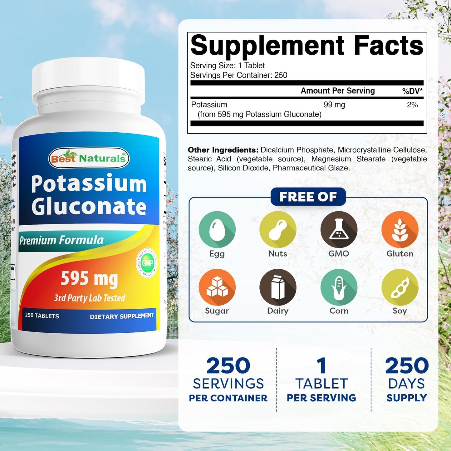 Potassium Gluconate Supplement 595mg Tablets - 250 Count - Natural and Effective