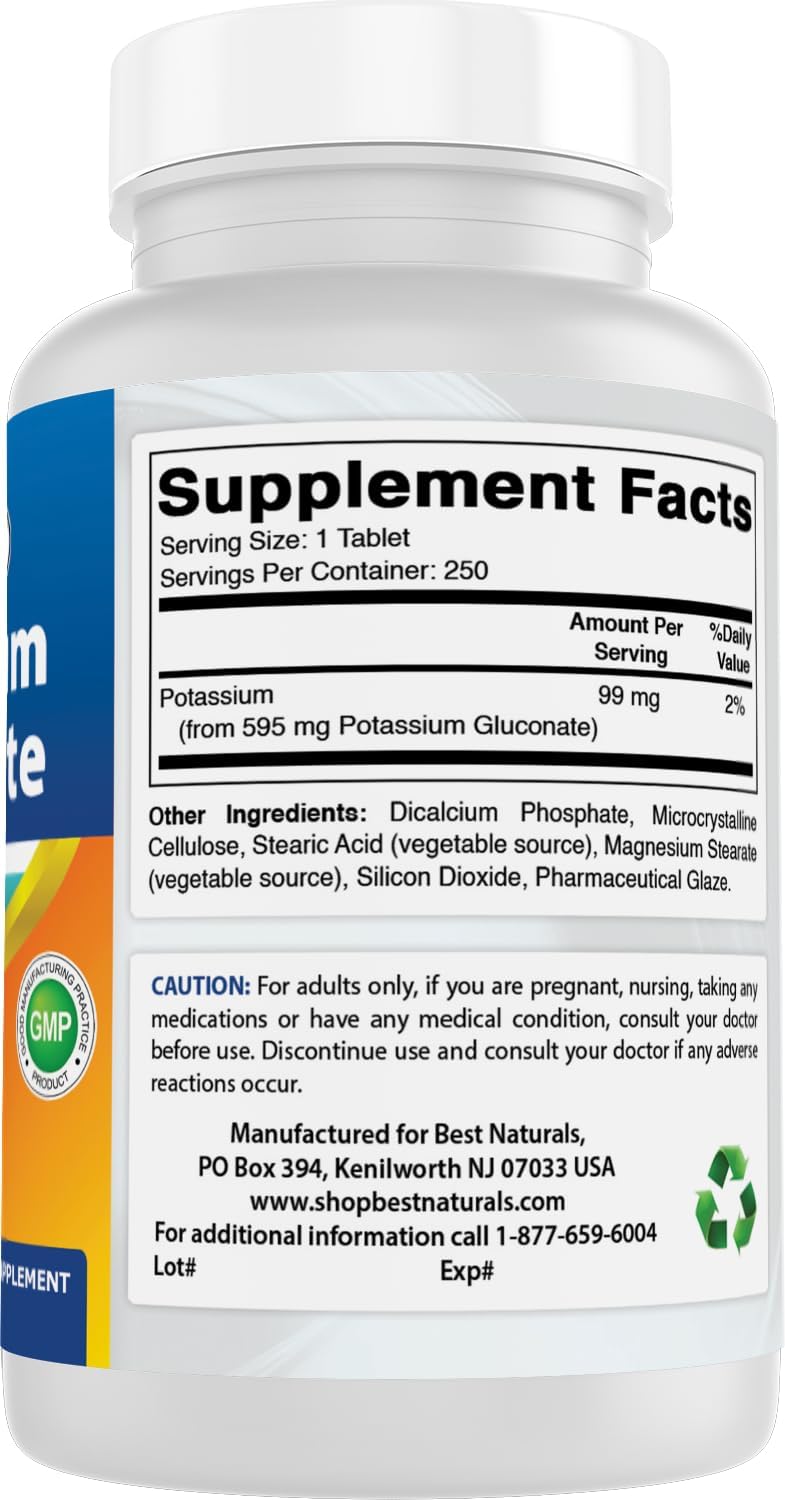 Potassium Gluconate Supplement 595mg Tablets - 250 Count - Natural and Effective