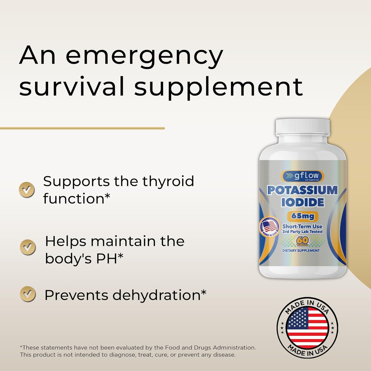 Potassium Iodide 65mg Dietary Supplement for Thyroid Support - 4 Months Supply - 2 Pack - Non-GMO - Made in USA - Exp 03/2029