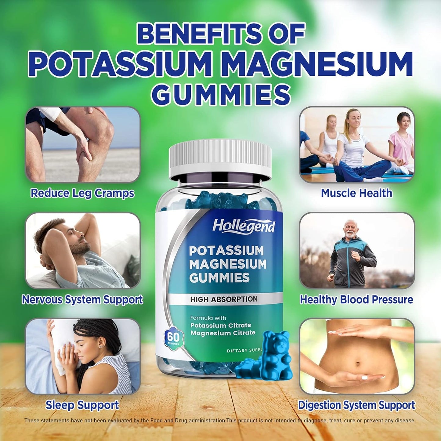 Potassium Magnesium Gummies for Leg Cramps & Muscle Relief, High Absorption Formula, Chewable Supplements, 60 Count