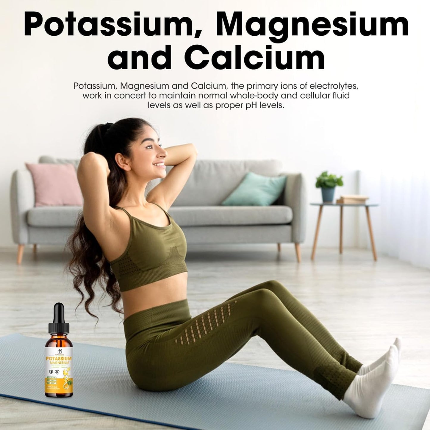 Potassium Magnesium Liquid Supplement with Calcium, Vitamin D3, Zinc - Vegan & Sugar Free - 2 FL OZ