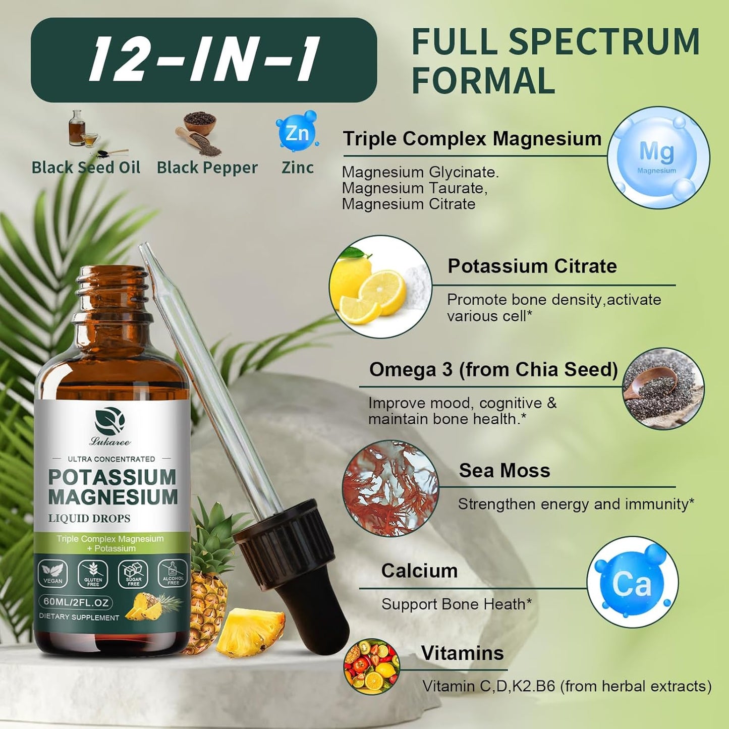 Potassium Magnesium Liquid Supplement with Triple Complex Magnesium Glycinate & Potassium, Omega 3, Sea Moss, Black Seed, D3K2 & Calcium - 2 FL OZ Drop for Muscle Cramps & Sleep Support