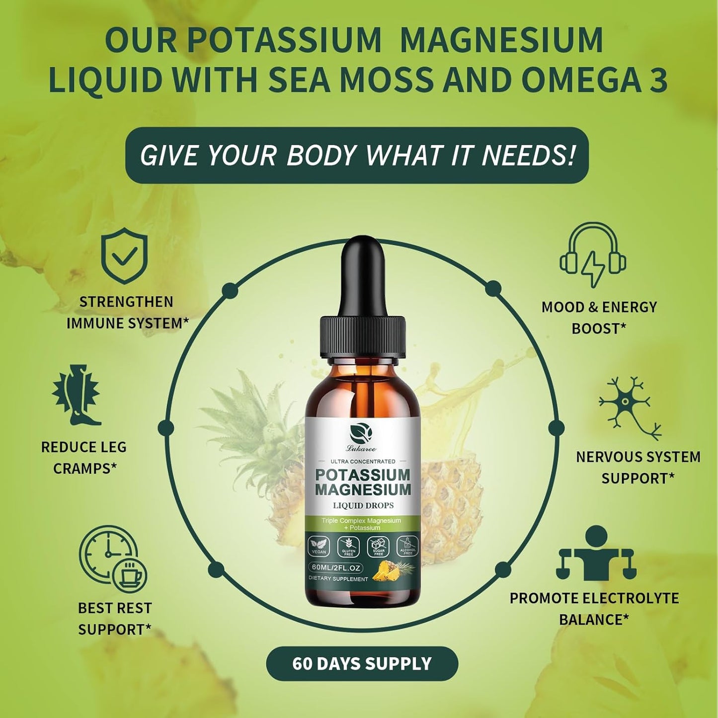 Potassium Magnesium Liquid Supplement with Triple Complex Magnesium Glycinate & Potassium, Omega 3, Sea Moss, Black Seed, D3K2 & Calcium - 2 FL OZ Drop for Muscle Cramps & Sleep Support
