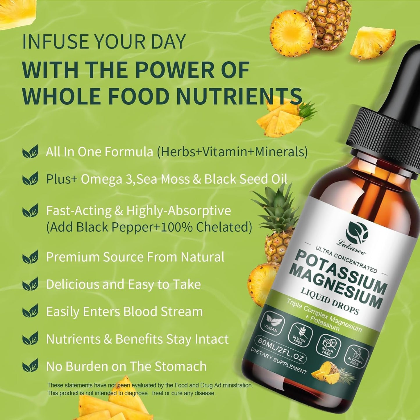 Potassium Magnesium Liquid Supplement with Triple Complex Magnesium Glycinate & Potassium, Omega 3, Sea Moss, Black Seed, D3K2 & Calcium - 2 FL OZ Drop for Muscle Cramps & Sleep Support