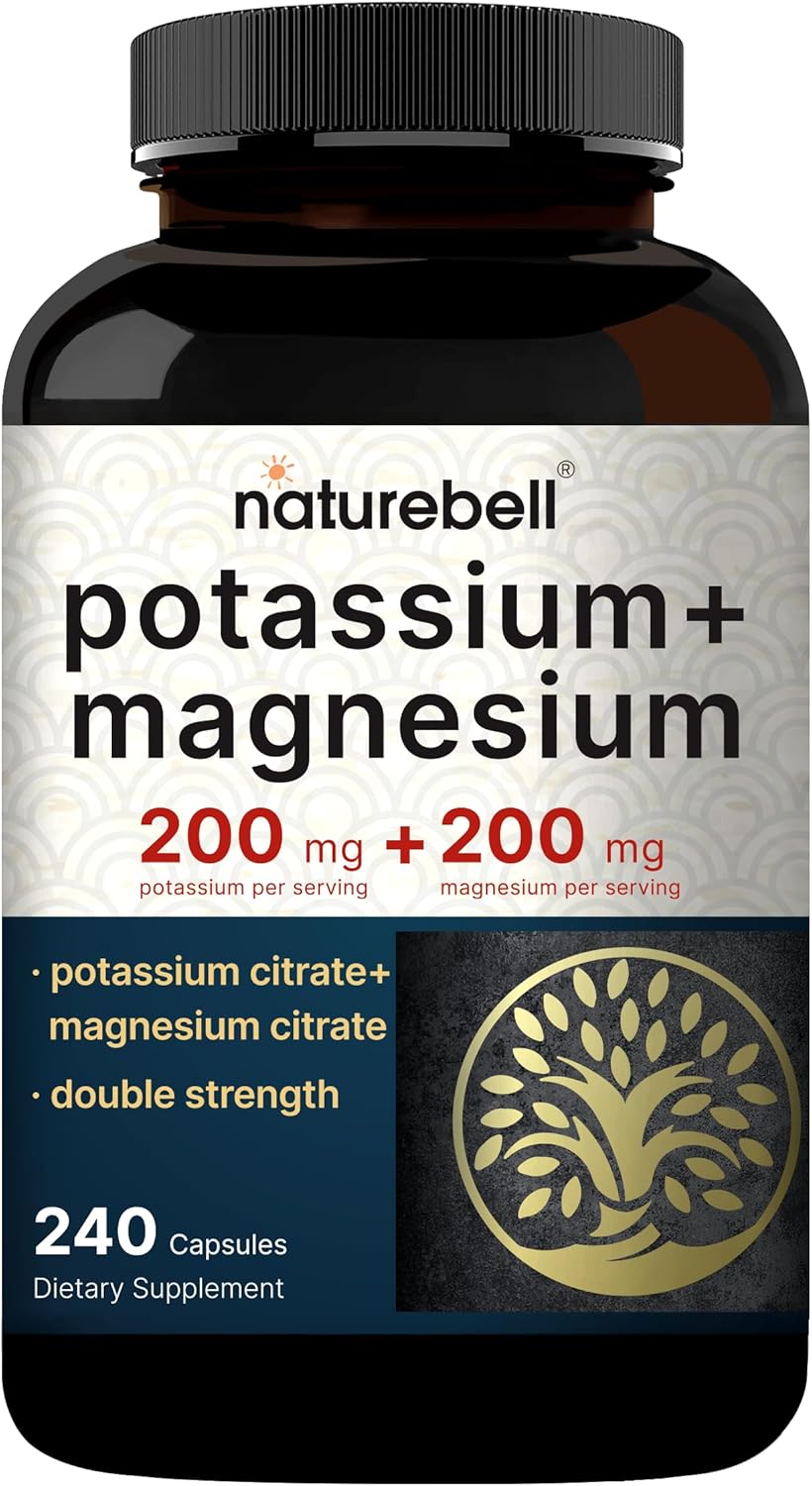 Potassium Magnesium Supplement 200mg + 200mg | 240 Capsules, Citrate Forms for Muscle, Bone, Heart Health - Non-GMO - NatureBell
