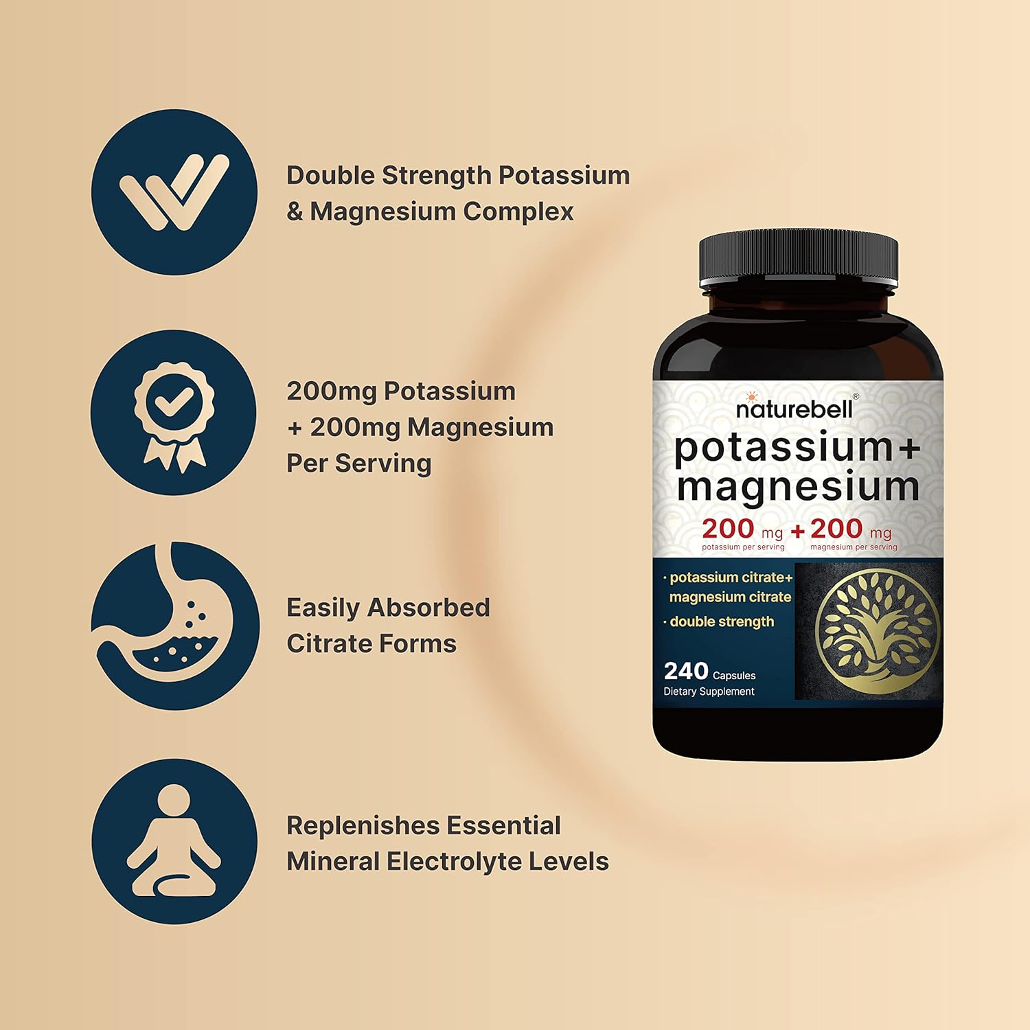 Potassium Magnesium Supplement 200mg + 200mg | 240 Capsules, Citrate Forms for Muscle, Bone, Heart Health - Non-GMO - NatureBell