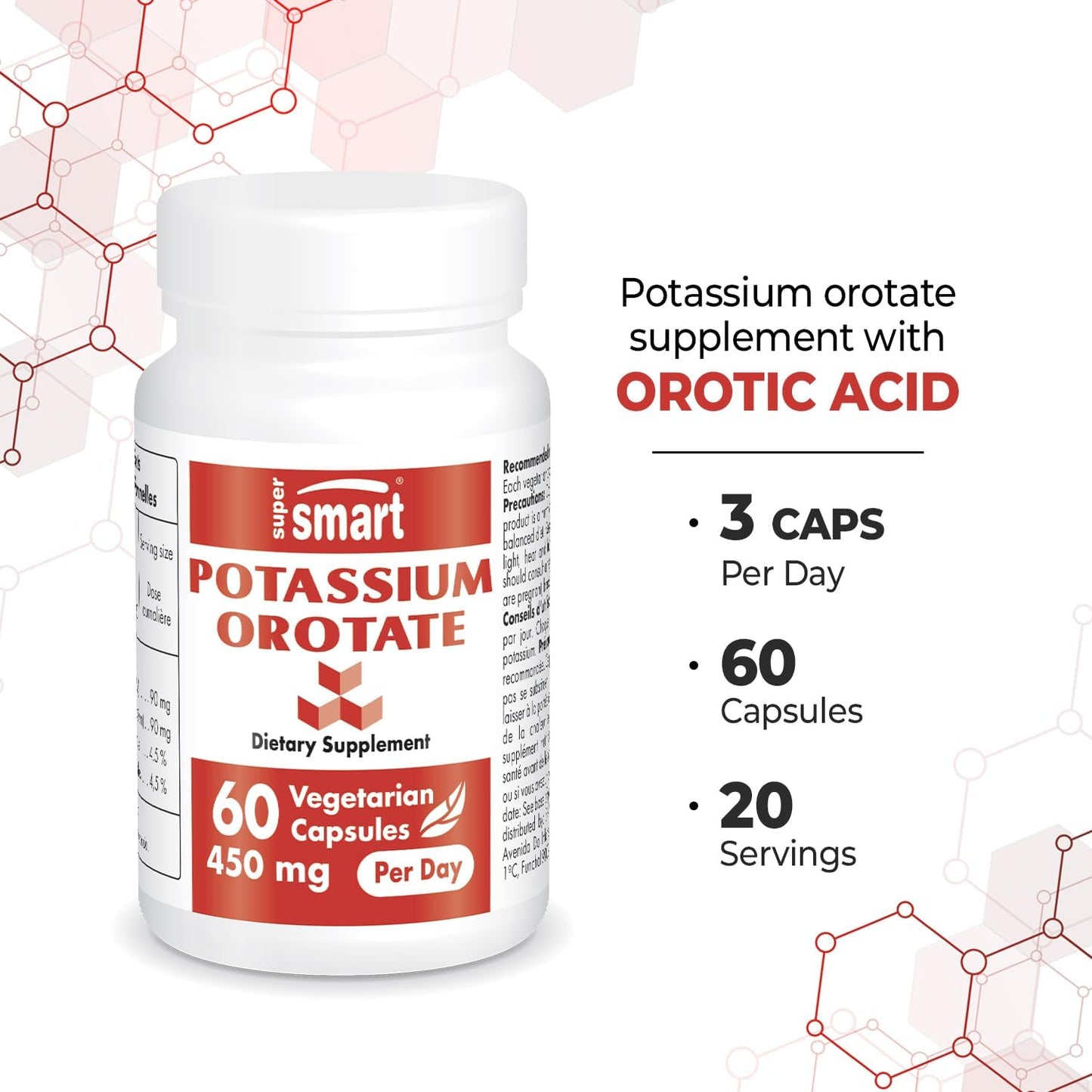 Potassium Orotate 450mg Daily Supplement for Acid-Base Balance, Nerve Transmission, and Heart Health - Non-GMO, Gluten Free - 60 Capsules