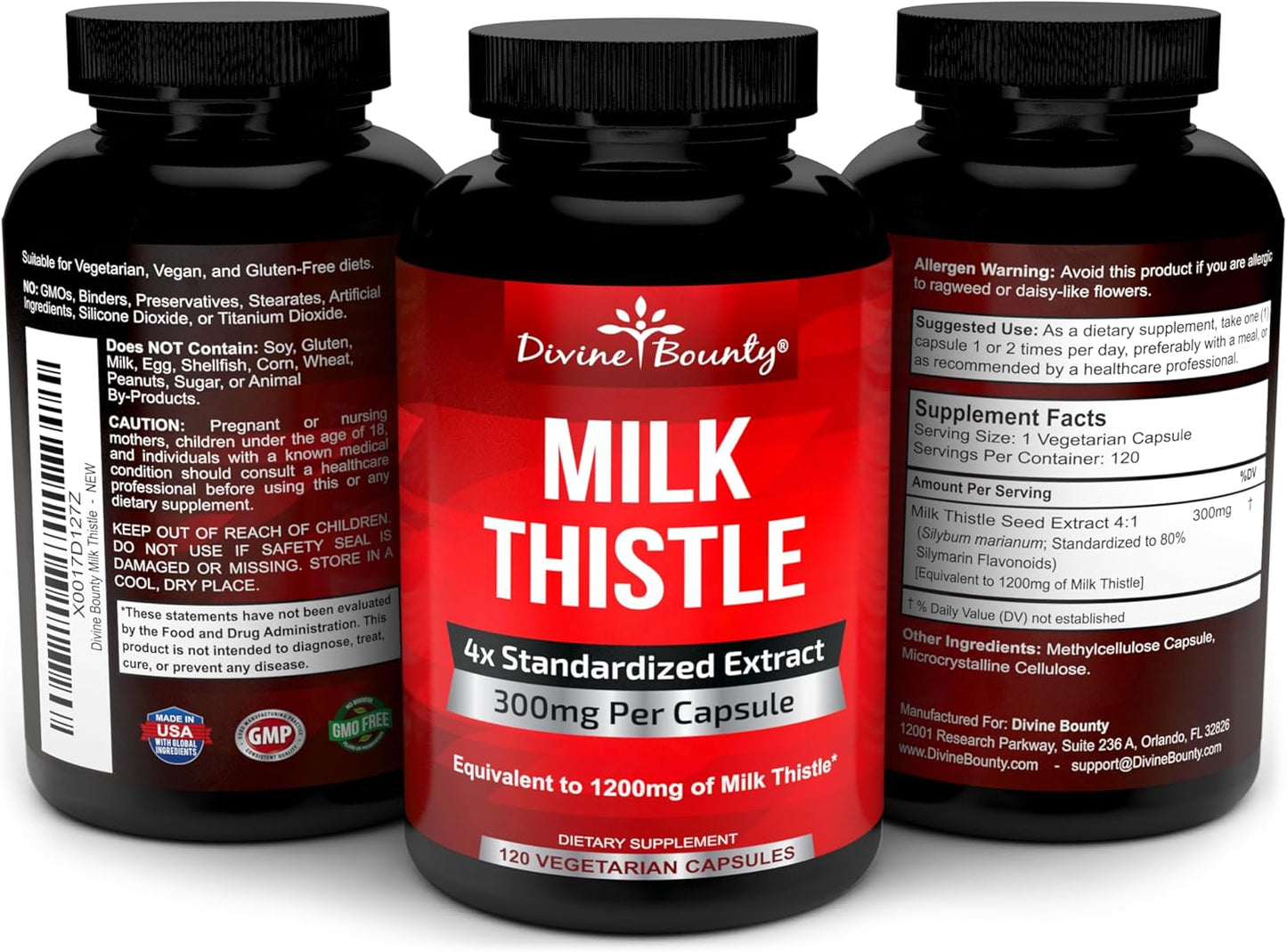 Potent 1200mg Milk Thistle Supplement - 4X Concentrated Extract - 120 Vegetarian Capsules by Divine Bounty