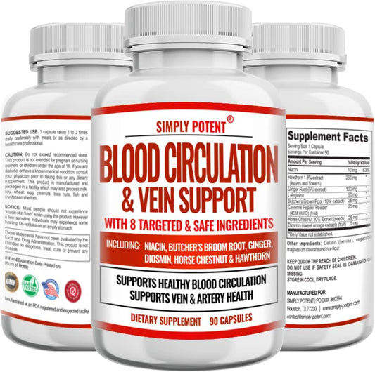 Potent Blood Circulation & Vein Support Supplement - 90 Capsules - Spider & Varicose Veins Relief - Niacin, Ginger, Cayenne Pepper - Cardiovascular & Leg Health Support