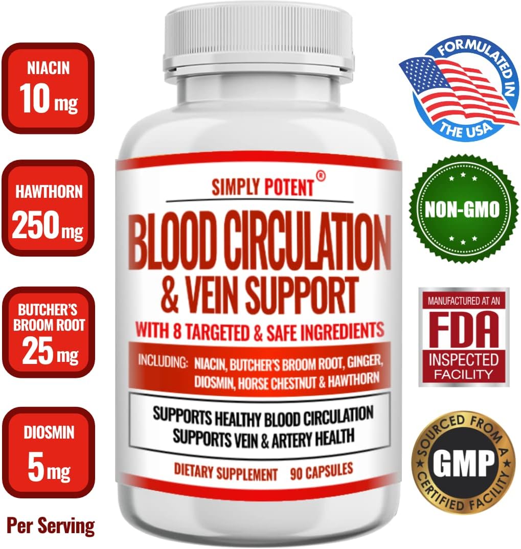 Potent Blood Circulation & Vein Support Supplement - 90 Capsules - Spider & Varicose Veins Relief - Niacin, Ginger, Cayenne Pepper - Cardiovascular & Leg Health Support