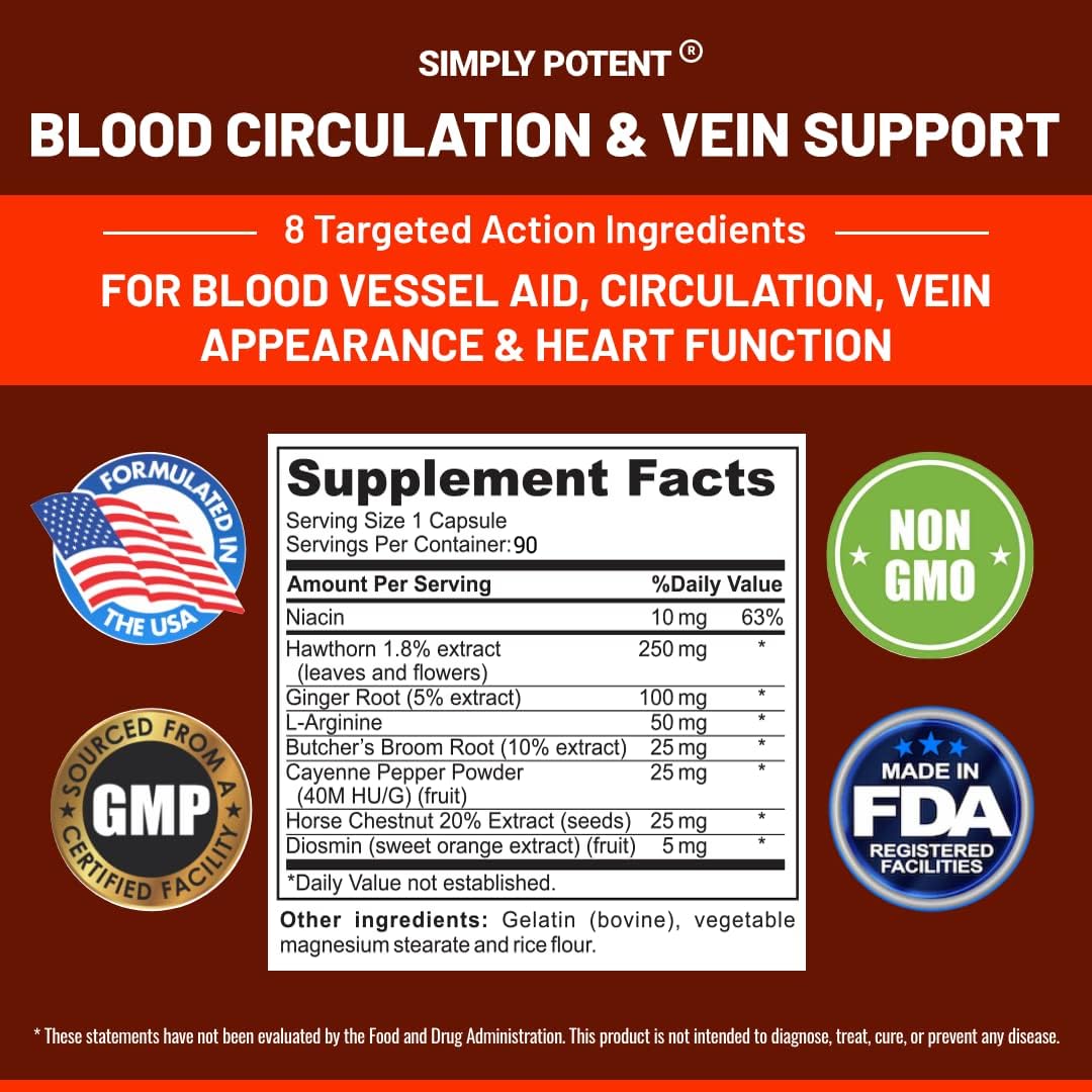Potent Blood Circulation & Vein Support Supplement - 90 Capsules - Spider & Varicose Veins Relief - Niacin, Ginger, Cayenne Pepper - Cardiovascular & Leg Health Support
