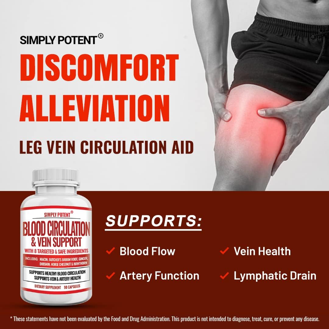 Potent Blood Circulation & Vein Support Supplement - 90 Capsules - Spider & Varicose Veins Relief - Niacin, Ginger, Cayenne Pepper - Cardiovascular & Leg Health Support
