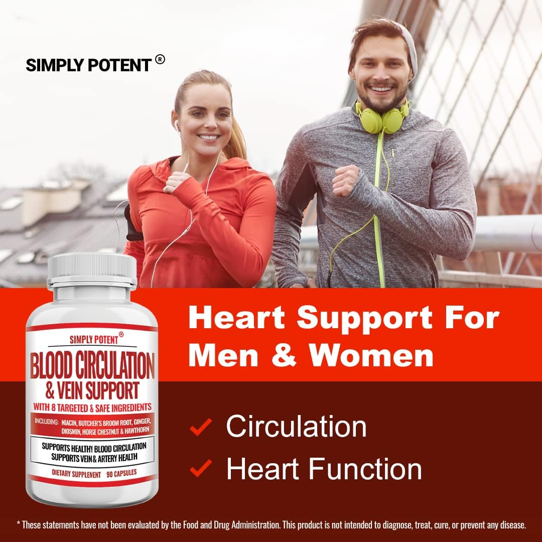 Potent Blood Circulation & Vein Support Supplement - 90 Capsules - Spider & Varicose Veins Relief - Niacin, Ginger, Cayenne Pepper - Cardiovascular & Leg Health Support