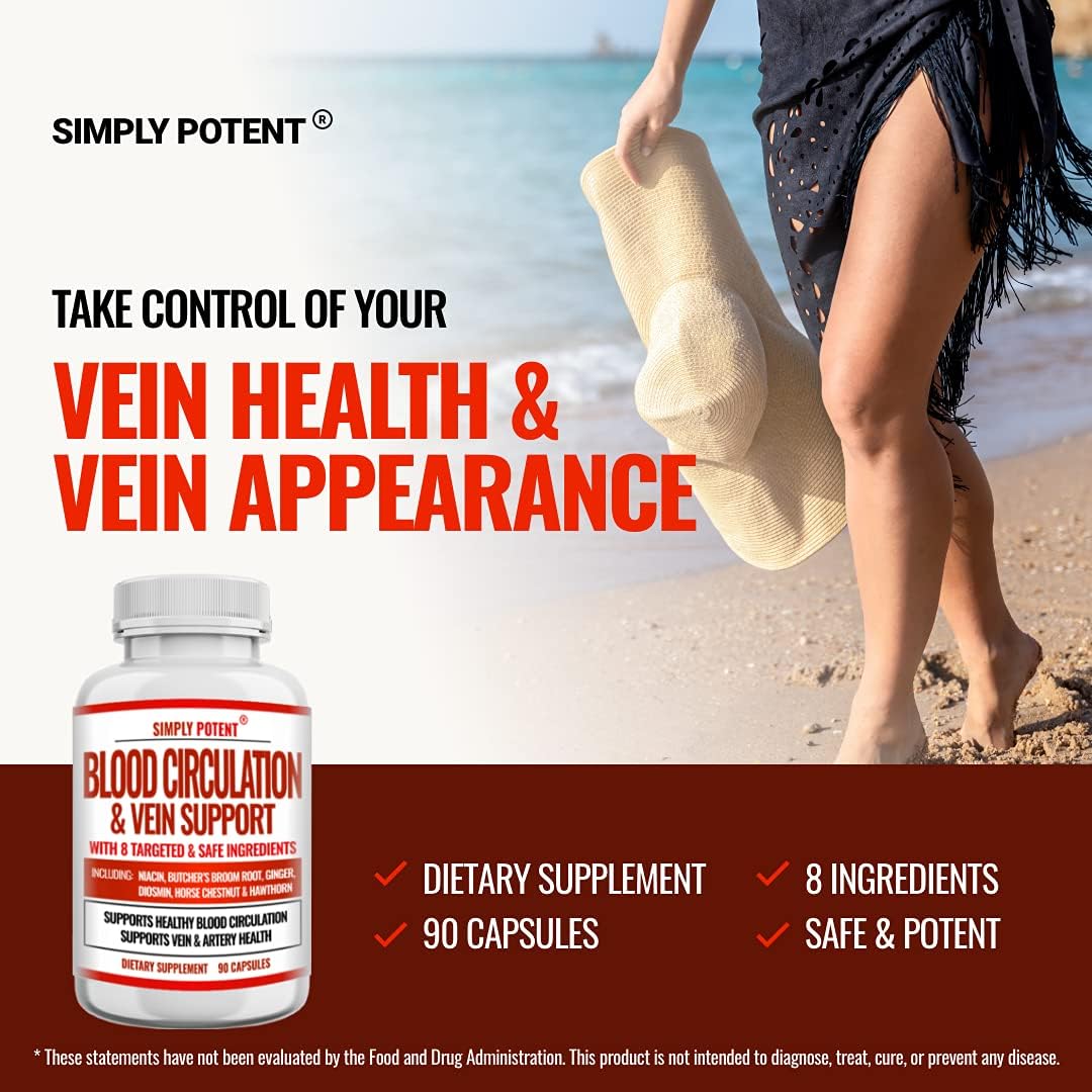 Potent Blood Circulation & Vein Support Supplement - 90 Capsules - Spider & Varicose Veins Relief - Niacin, Ginger, Cayenne Pepper - Cardiovascular & Leg Health Support