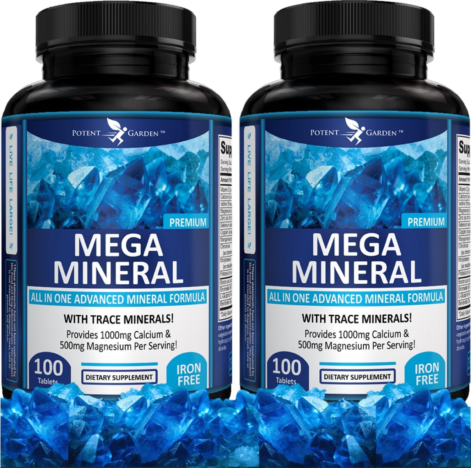 Potent Garden Mega Mineral Supplement 2-Pack - Complete Mineral Complex with 72 Trace Minerals, Iron-Free Calcium - 200 Pills