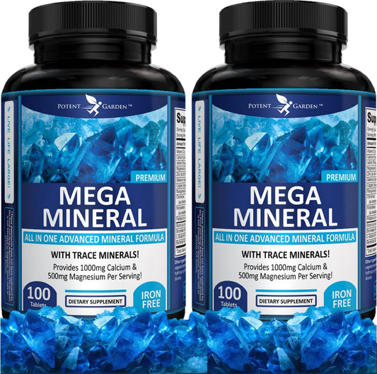 Potent Garden Mega Mineral Supplement 2-Pack - Complete Mineral Complex with 72 Trace Minerals, Iron-Free Calcium - 200 Pills