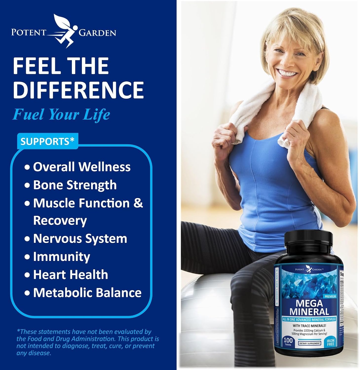 Potent Garden Mega Mineral Supplement 2-Pack - Complete Mineral Complex with 72 Trace Minerals, Iron-Free Calcium - 200 Pills