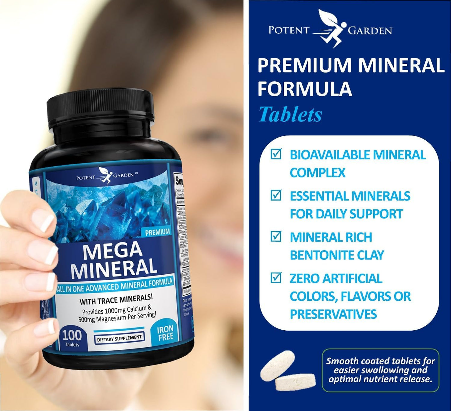 Potent Garden Mega Mineral Supplement 2-Pack - Complete Mineral Complex with 72 Trace Minerals, Iron-Free Calcium - 200 Pills
