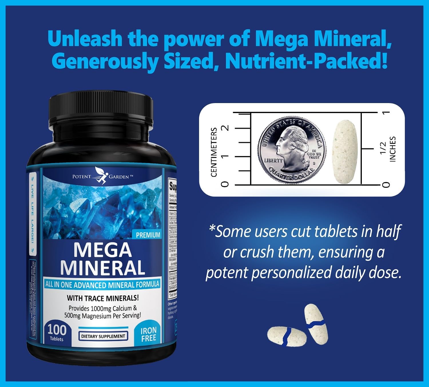 Potent Garden Mega Mineral Supplement 2-Pack - Complete Mineral Complex with 72 Trace Minerals, Iron-Free Calcium - 200 Pills