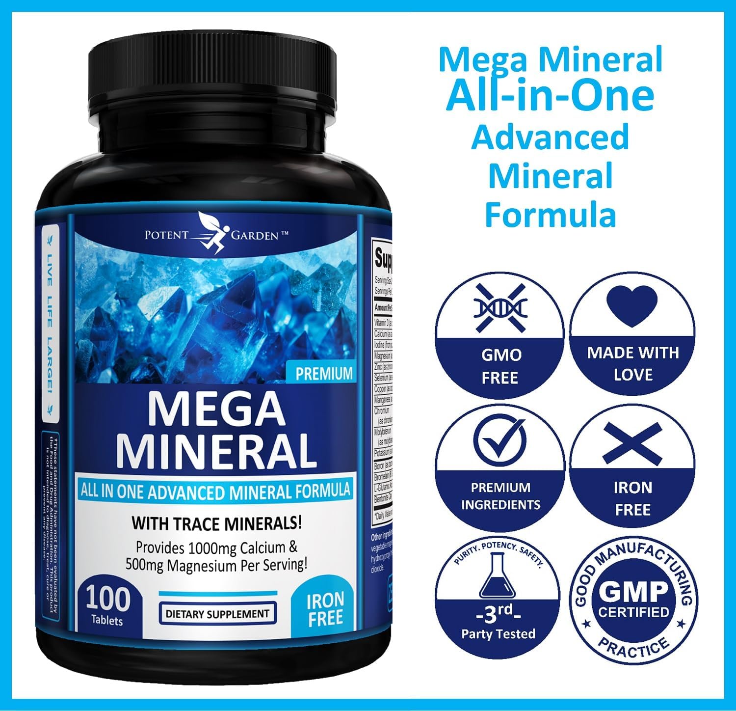 Potent Garden Mega Mineral Supplement 2-Pack - Complete Mineral Complex with 72 Trace Minerals, Iron-Free Calcium - 200 Pills
