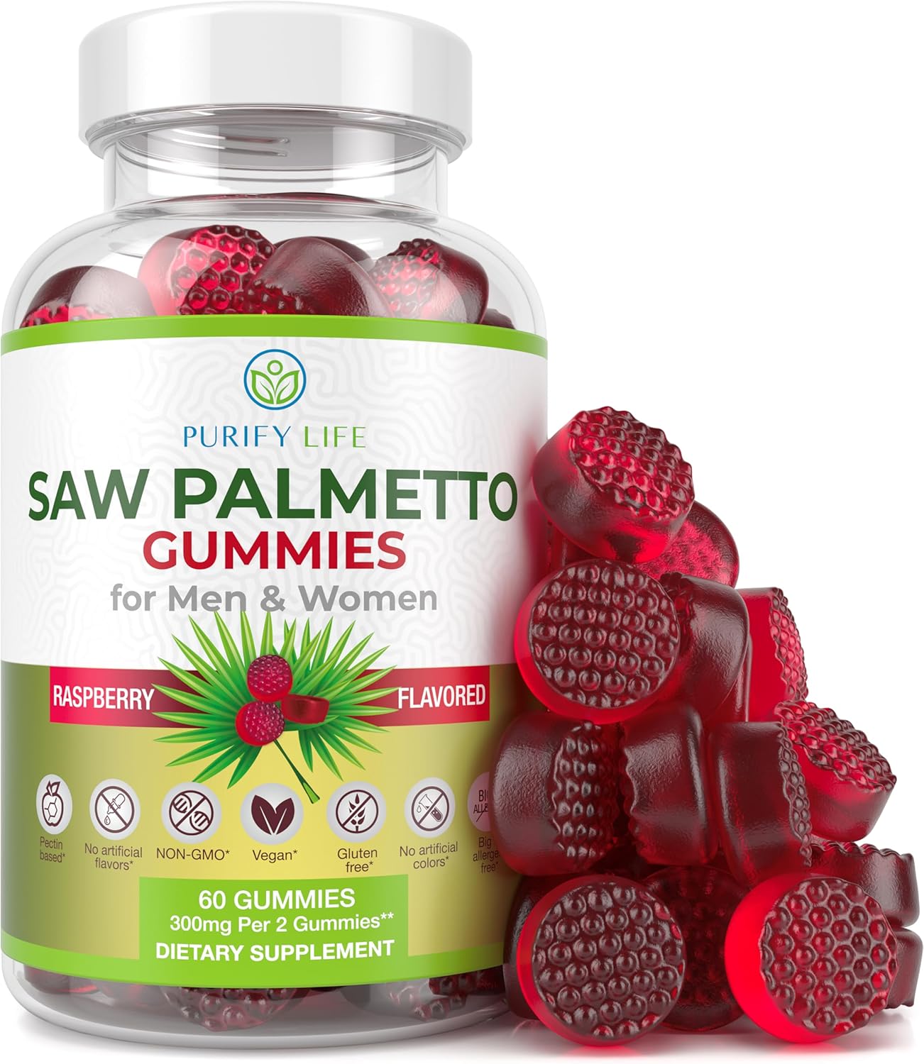 Potent Vegan Saw Palmetto Extract for Men & Women - Prostate & Hormonal Balance Gummies, DHT Blocker for Hair Growth, Gluten-Free Formula