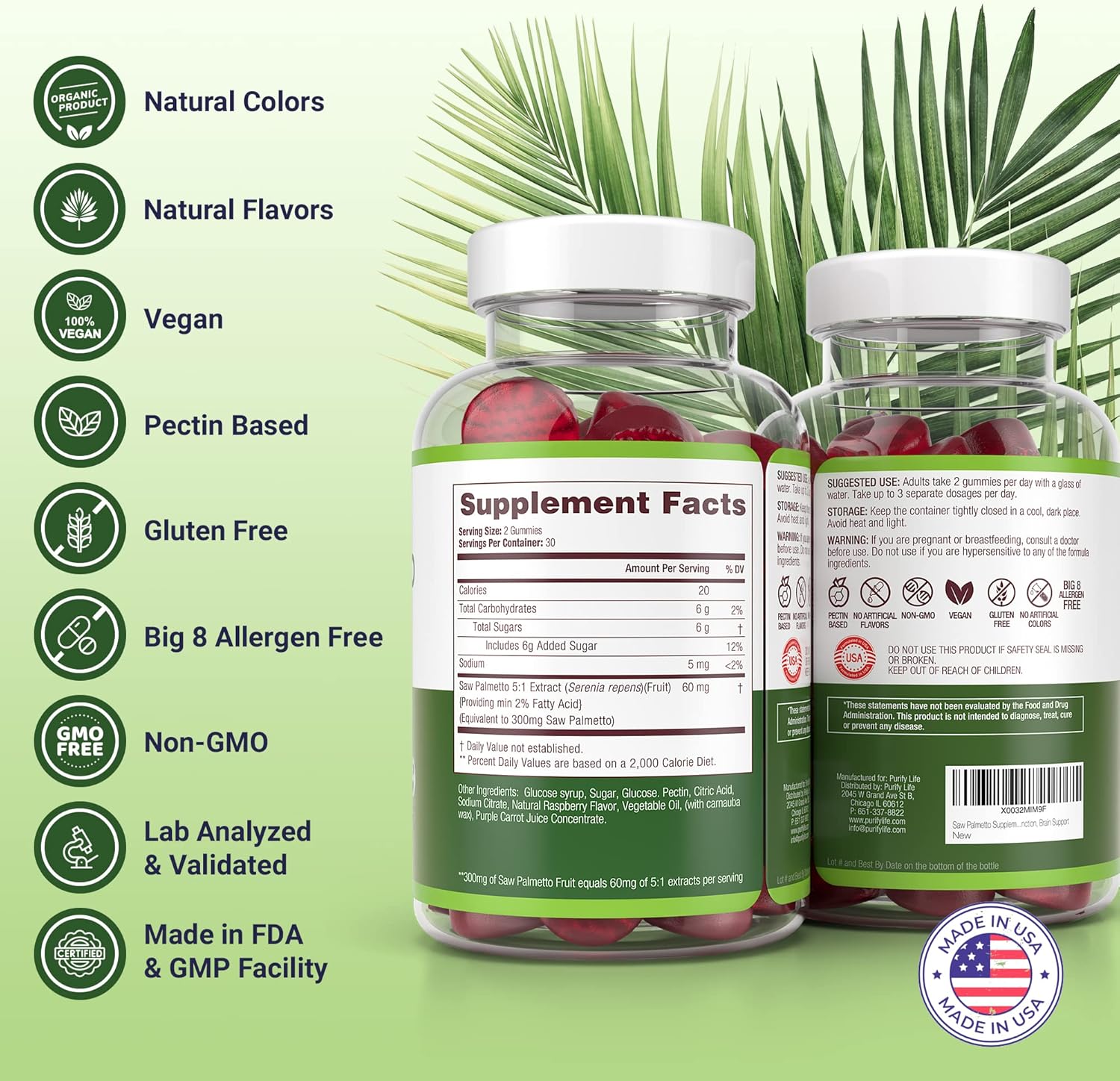 Potent Vegan Saw Palmetto Extract for Men & Women - Prostate & Hormonal Balance Gummies, DHT Blocker for Hair Growth, Gluten-Free Formula