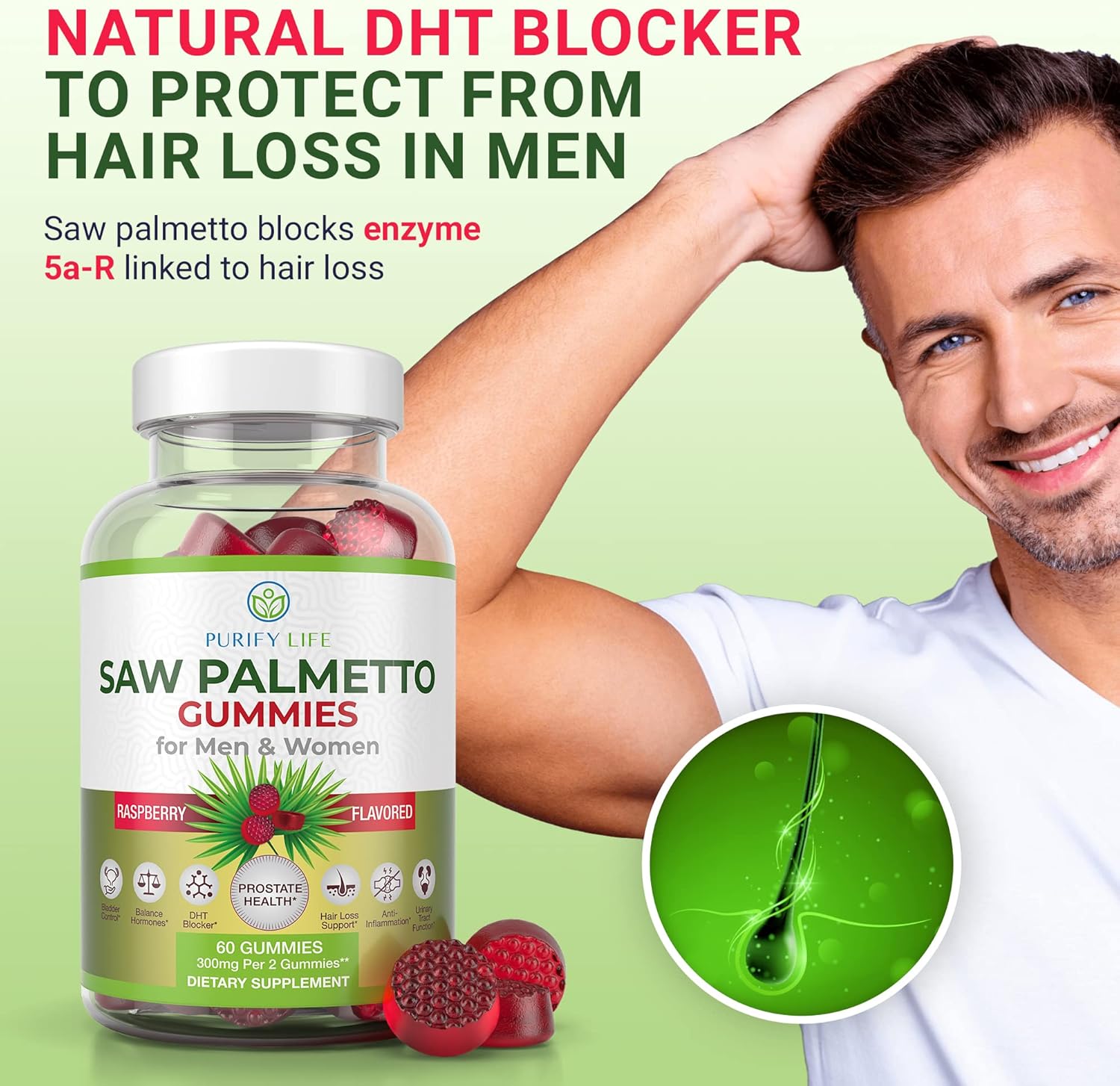 Potent Vegan Saw Palmetto Extract for Men & Women - Prostate & Hormonal Balance Gummies, DHT Blocker for Hair Growth, Gluten-Free Formula