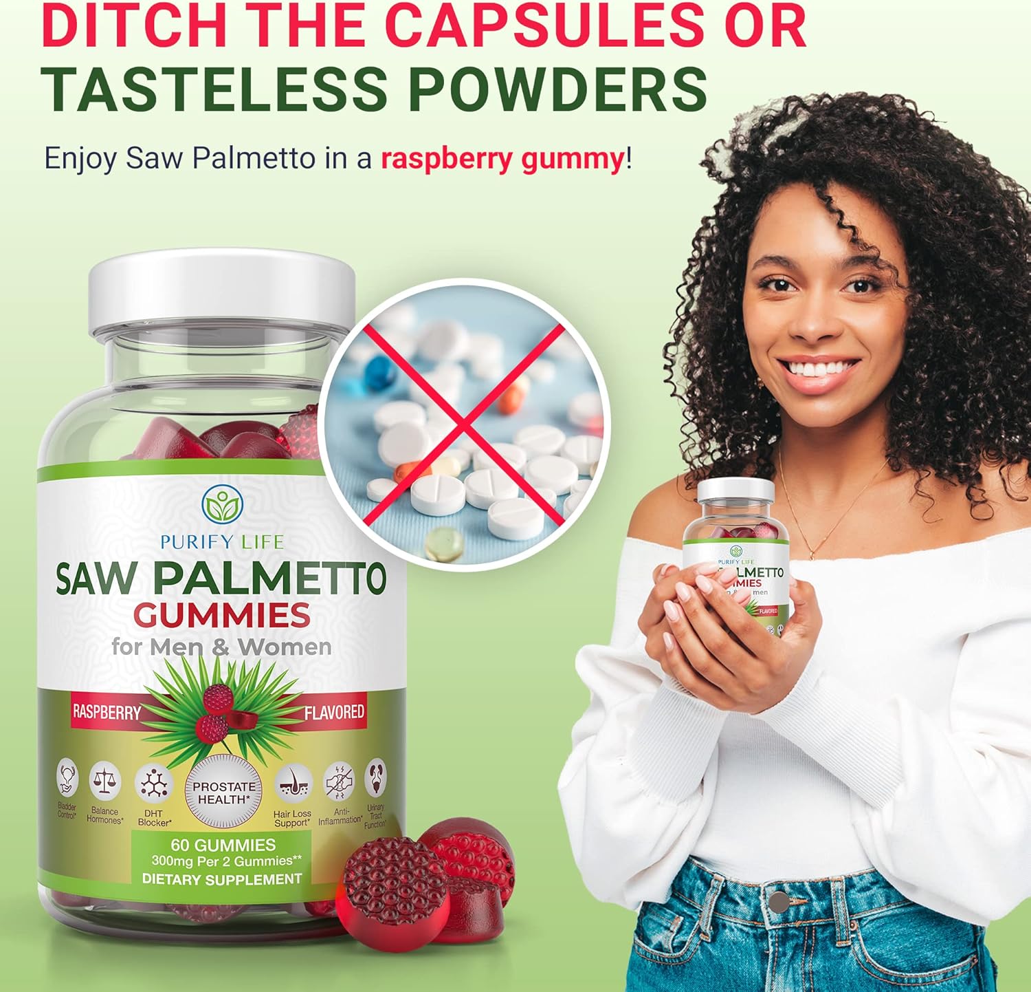 Potent Vegan Saw Palmetto Extract for Men & Women - Prostate & Hormonal Balance Gummies, DHT Blocker for Hair Growth, Gluten-Free Formula