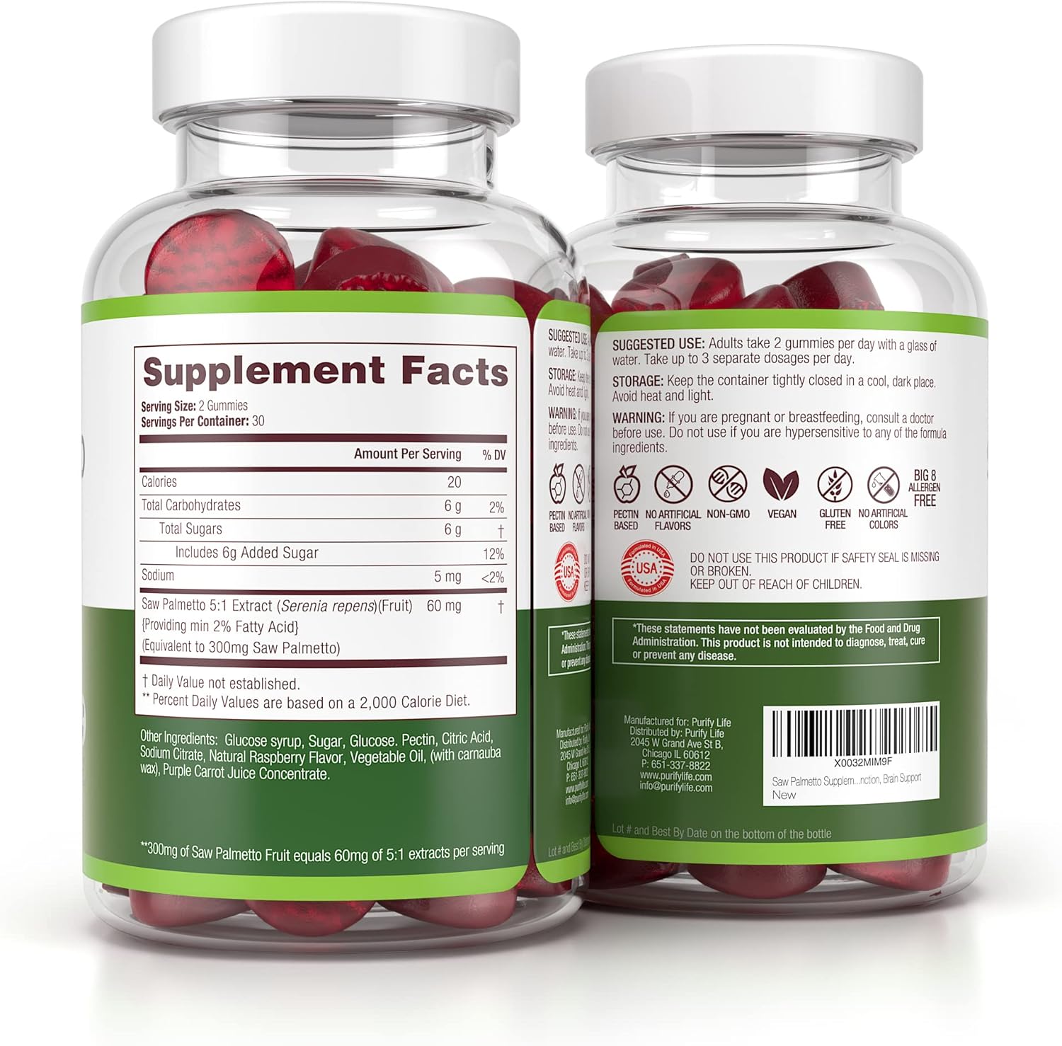 Potent Vegan Saw Palmetto Extract for Men & Women - Prostate & Hormonal Balance Gummies, DHT Blocker for Hair Growth, Gluten-Free Formula