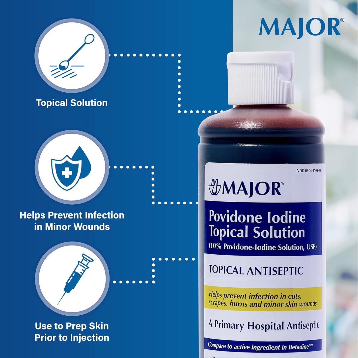 Povidone-Iodine Topical Solution 10% USP - Antiseptic for Cuts, Scrapes, Burns - 8oz - 1 Pack