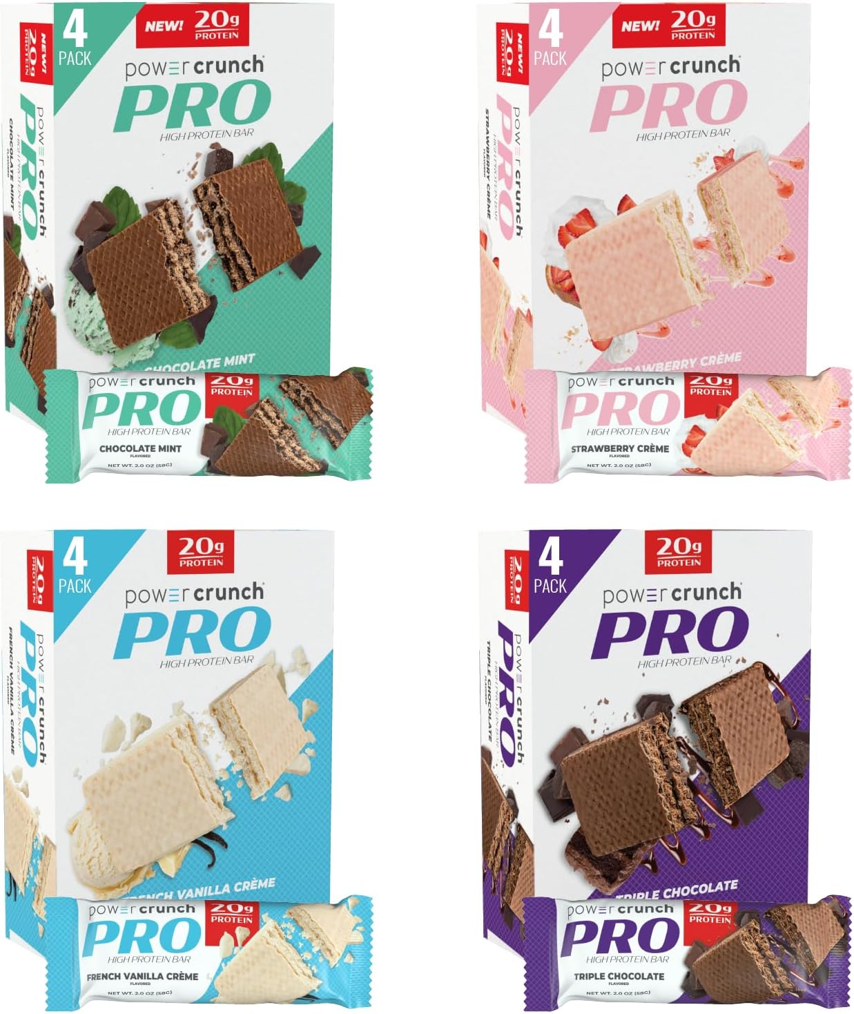 Power Crunch PRO Protein Wafer Bars Variety Pack - 16 Count, 4 Flavors, 2.0 Ounce Bars - High Protein Snack